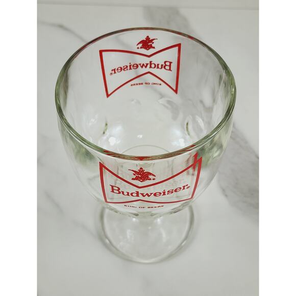 Budweiser Thumbprint Beer Goblet Glass 16oz Chalice Cup Red Logo 6" Vintage - Picture 11 of 14